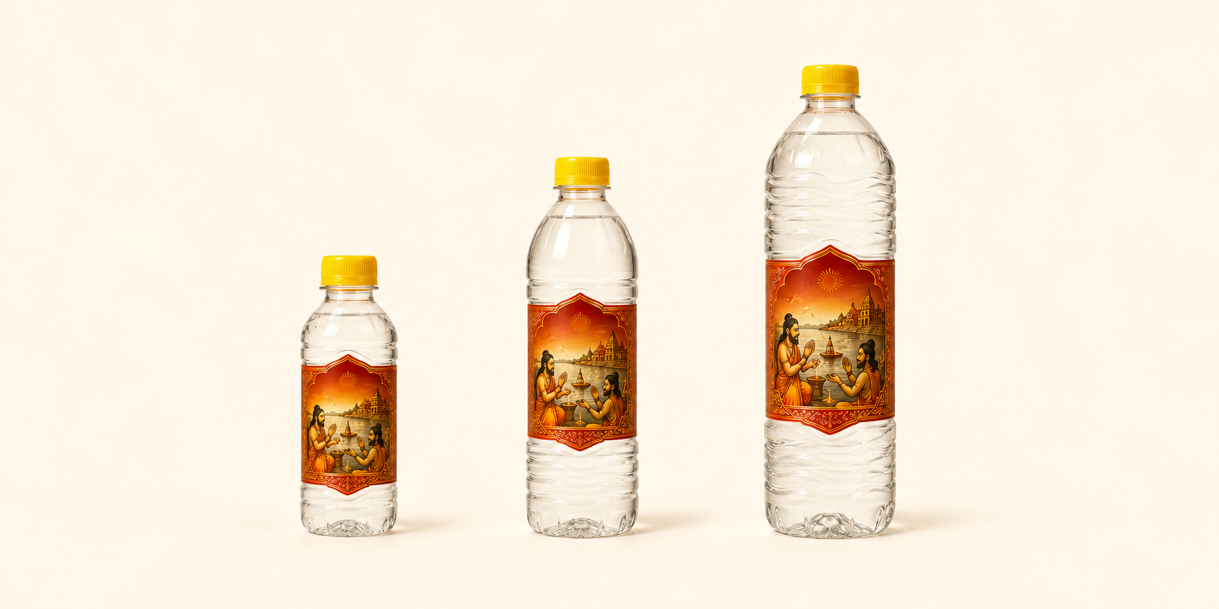 Three sealed Holy Godavari Water bottles in different sizes